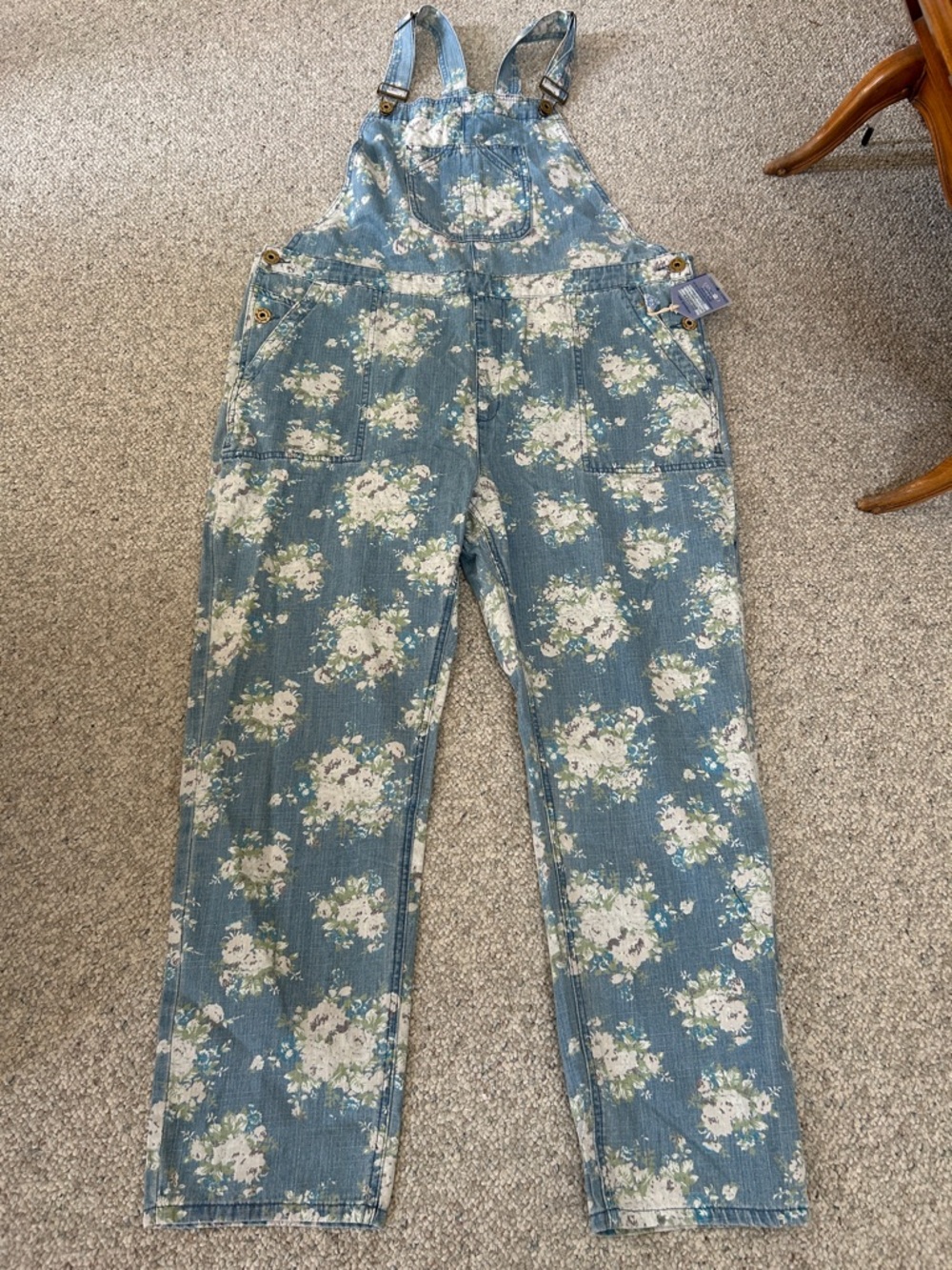 April Cornell Floral Print Denim Overalls - Blue and White